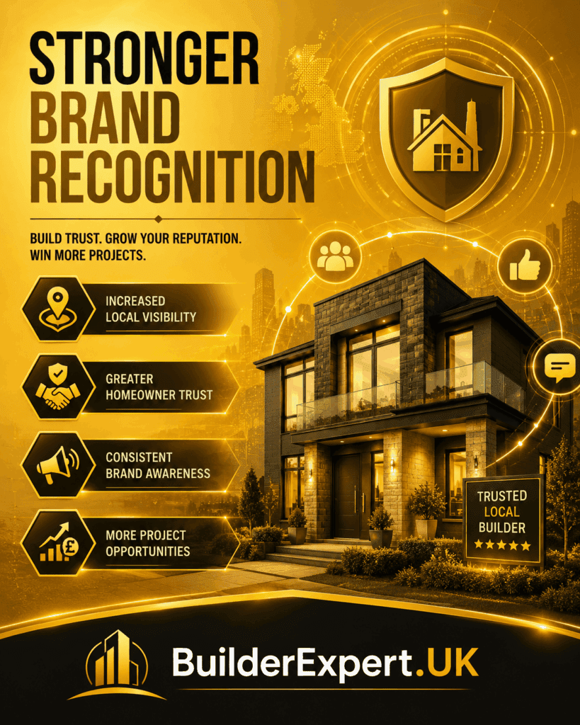 Vertical 4:5 infographic titled "Stronger Brand Recognition" featuring a premium ochre and gold colour palette, a modern residential property, trust and reputation symbols, digital brand awareness graphics, community engagement icons, and business growth indicators. The infographic highlights increased local visibility, greater homeowner trust, consistent brand awareness, and more project opportunities for UK builders. BuilderExpert.UK branding appears at the bottom.
