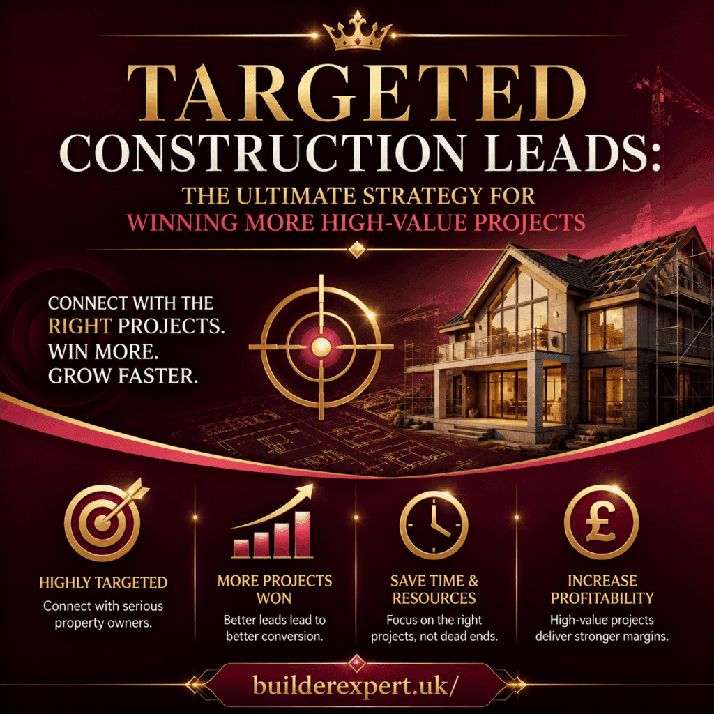 Modern construction infographic titled "Targeted Construction Leads: The Ultimate Strategy for Winning More High-Value Projects" featuring a luxury residential property, targeting icon, gold business graphics, and burgundy, rose, and red design elements highlighting profitable construction opportunities for UK builders.