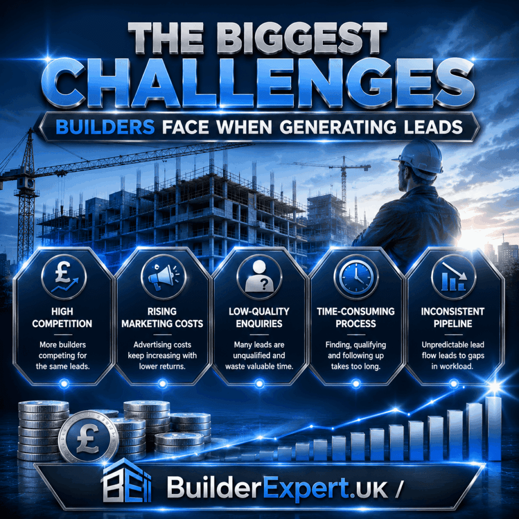 The Biggest Challenges Builders Face When Generating Leads infographic featuring residential construction growth challenges, lead generation obstacles, marketing costs, low-quality enquiries, and British pound (£) business performance indicators. The visual highlights key barriers preventing UK builders from maintaining a consistent project pipeline.
