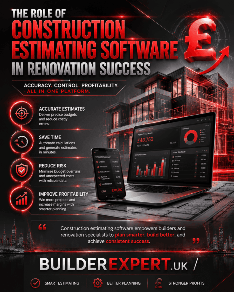 The Role of Construction Estimating Software in Renovation Success The Role of Construction Estimating Software in Renovation Success infographic featuring digital estimating technology, residential construction planning, project budgeting tools, and British pound (£) cost management visuals. The design highlights accuracy, efficiency, risk reduction, and improved profitability for UK builders.