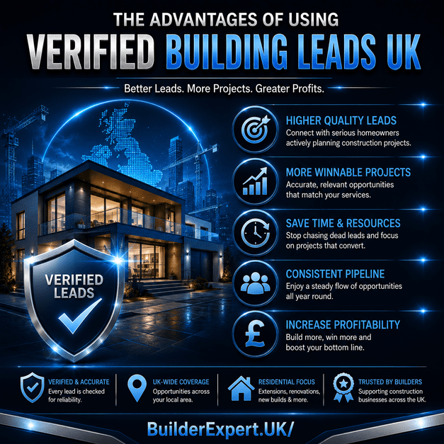 Professional square infographic titled "The Advantages of Using Verified Building Leads UK" featuring a modern residential property, a verified leads shield, and key benefits including higher quality leads, more winnable projects, consistent project pipeline, increased profitability, and UK-wide coverage. The design uses a premium dark two-tone background with blue metallic accents, dramatic lighting effects, and only the British pound (£) symbol.