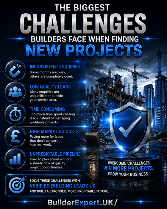Professional 4:5 infographic titled "The Biggest Challenges Builders Face When Finding New Projects" featuring a construction site, a verified shield, and key challenges including inconsistent enquiries, low-quality leads, time-consuming lead generation, high marketing costs, and an unpredictable project pipeline. The design uses a premium dark two-tone background with metallic blue accents, dramatic lighting, and only the British pound (£) symbol.