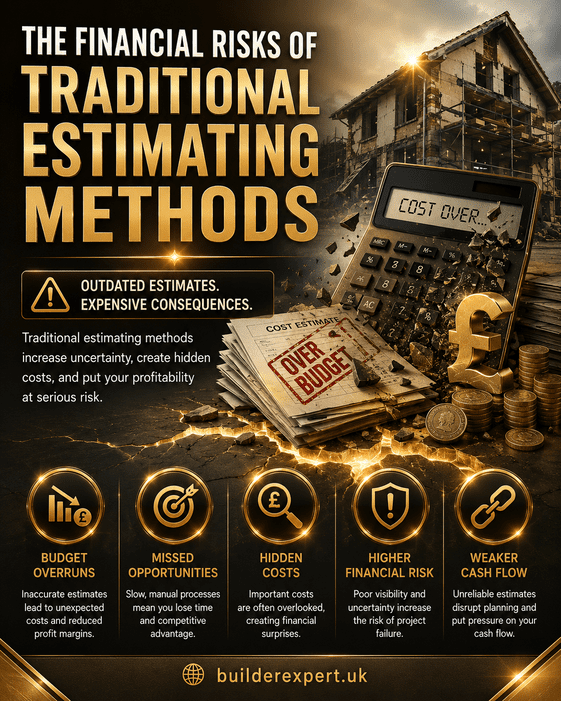 Infographic titled "The Financial Risks of Traditional Estimating Methods" featuring a damaged calculator, construction renovation project, UK pound (£) symbol, and visual highlights of key financial risks including budget overruns, hidden costs, weaker cash flow, missed opportunities, and higher financial risk. Premium gold, black, and sand-coloured design with BuilderExpert.uk branding.