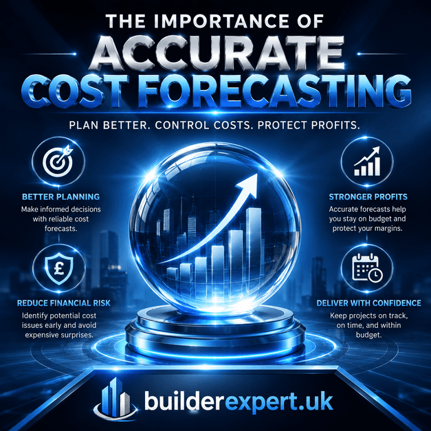Square infographic titled "The Importance of Accurate Cost Forecasting". The design features a dark blue and bright blue futuristic theme with a glowing crystal sphere displaying financial growth charts, surrounded by icons representing planning, risk reduction, profitability, and project delivery. The infographic emphasises cost control, forecasting accuracy, and profit protection for construction businesses. BuilderExpert.uk branding appears at the bottom.