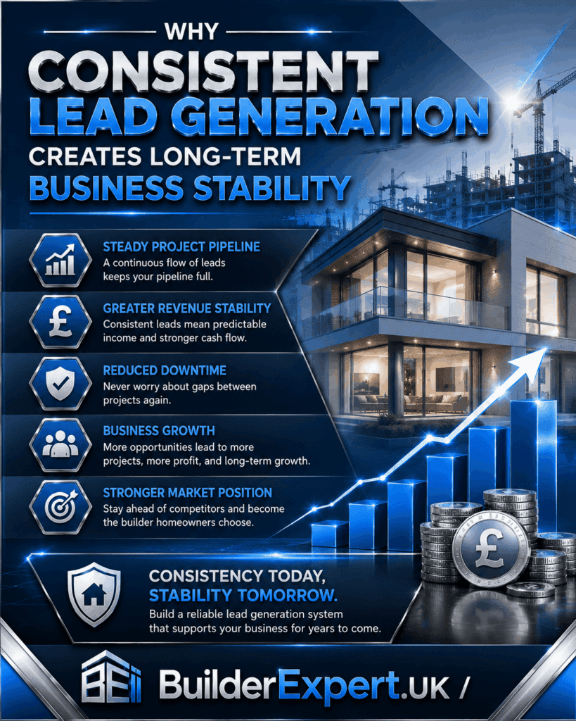 Why Consistent Lead Generation Creates Long-Term Business Stability infographic featuring residential construction growth, project pipeline management, revenue stability, business expansion, and British pound (£) profitability indicators. The visual demonstrates how a steady flow of qualified leads supports sustainable growth for UK builders.