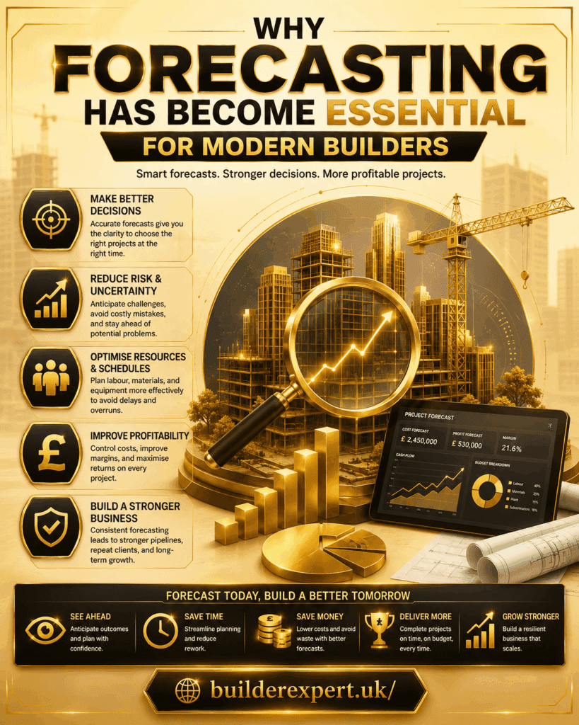Construction infographic titled "Why Forecasting Has Become Essential for Modern Builders" featuring a forecasting dashboard, luxury construction development, gold financial growth chart, construction helmet, and premium ochre and gold design elements. The graphic highlights smarter decision-making, improved planning, stronger profitability, and better project performance.