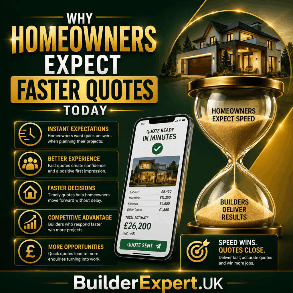 Alt TextWhy Homeowners Expect Faster Quotes Today infographic featuring digital quotation systems, residential renovation projects, instant estimating technology, online construction pricing tools, and British pound (£) cost indicators. The visual highlights faster response times, improved customer expectations, quicker project decisions, and modern estimating solutions for builders.