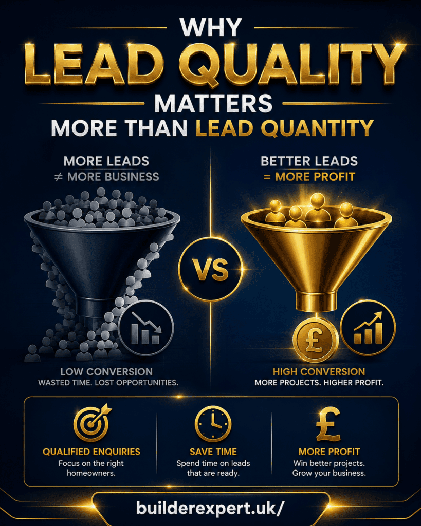 Why Lead Quality Matters More Than Lead Quantity Portrait infographic titled "Why Lead Quality Matters More Than Lead Quantity" featuring a side-by-side comparison between low-quality and high-quality leads. The design uses a dark blue and gold colour scheme with glowing effects, conversion funnel graphics, UK pound symbols, and business growth icons. The infographic highlights qualified homeowner enquiries, higher conversion rates, time savings, increased profitability, and sustainable growth for UK builders. BuilderExpert.uk branding is displayed at the bottom.