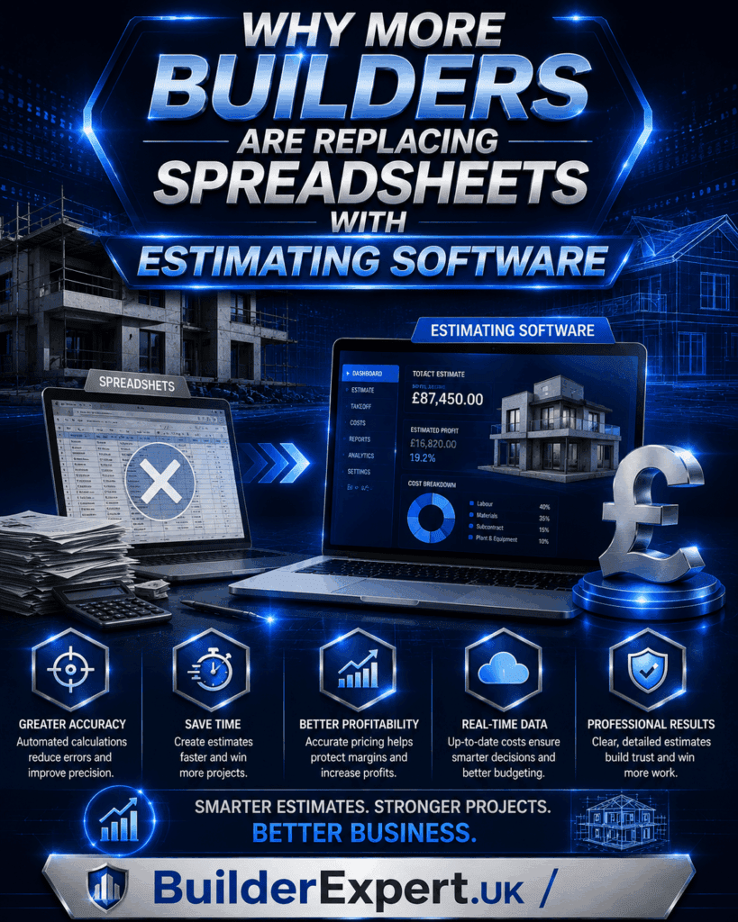 Why More Builders Are Replacing Spreadsheets with Estimating Software infographic comparing traditional spreadsheet-based estimating with modern digital estimating software. The visual highlights greater accuracy, faster quote creation, improved profitability, real-time project data, and British pound (£) financial management benefits for construction businesses.