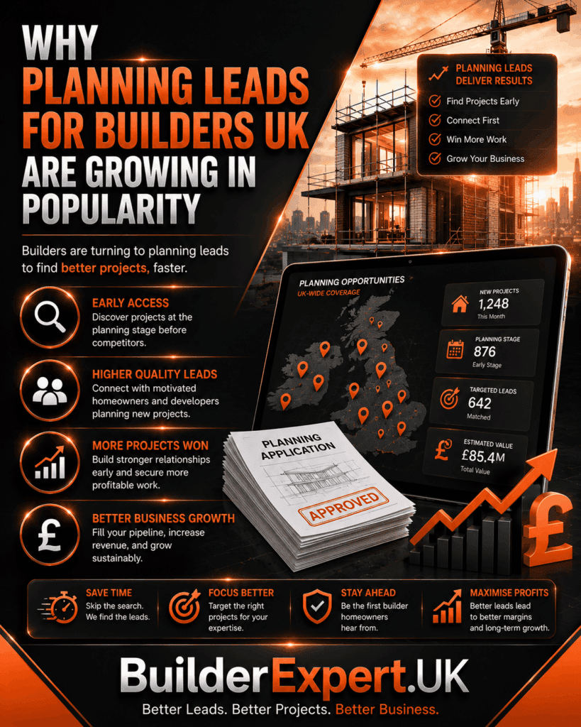 Why Planning Leads for Builders UK Are Growing in Popularity Alt TextWhy Planning Leads for Builders UK Are Growing in Popularity infographic featuring planning application opportunities, residential construction projects, lead generation dashboards, homeowner engagement, and British pound (£) profitability indicators. The visual highlights early access to projects, increased opportunities, stronger client connections, and improved profitability for UK builders.