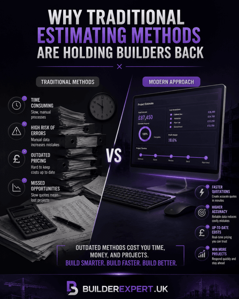 Vertical 4:5 infographic titled "Why Traditional Estimating Methods Are Holding Builders Back" featuring a dark purple and grey background with a side-by-side comparison of traditional estimating methods versus modern estimating software. The graphic includes paperwork, calculators, outdated processes, digital dashboards, British pound (£) pricing, and visual elements highlighting faster quotations, improved accuracy, real-time cost updates, and increased project success. BuilderExpert.UK branding appears at the bottom.