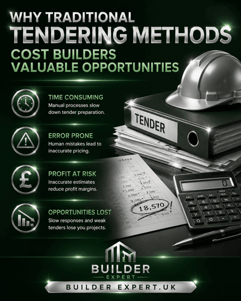Why Traditional Tendering Methods Professional construction industry infographic titled “Why Traditional Tendering Methods Cost Builders Valuable Opportunities.” The design features a dark green background with silver metallic highlights, a construction hard hat placed on top of a tender document binder, a calculator, and cost estimation paperwork. Four key risks of traditional tendering are highlighted: Time Consuming, Error Prone, Profit at Risk, and Opportunities Lost. The Builder Expert UK logo and website address appear at the bottom. The overall style is modern, premium, and business-focused, emphasizing the financial and operational disadvantages of manual tendering processes.