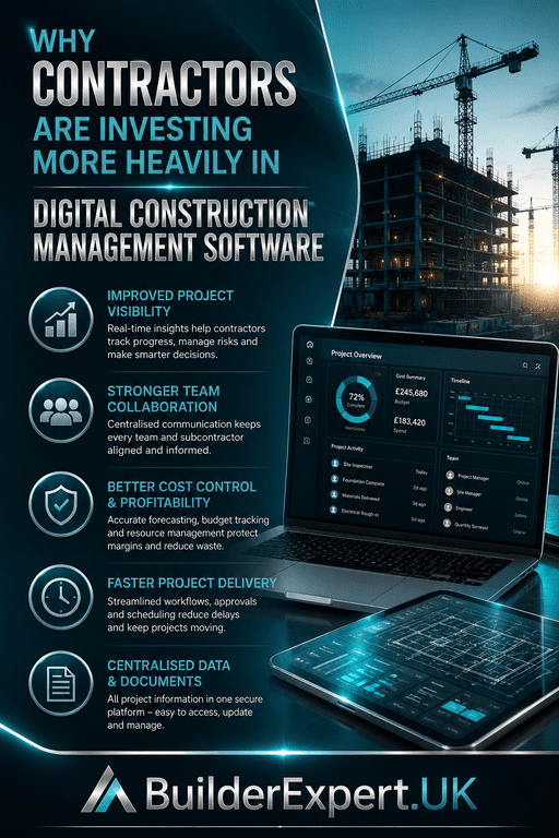 Why_Contractors_Are_Investing_More_Heavily_in_Digital_Construction_Management_Software_50 Premium vertical infographic explaining why contractors are investing more heavily in digital construction management software to improve project visibility, team collaboration, cost control, project delivery speed, and operational efficiency.