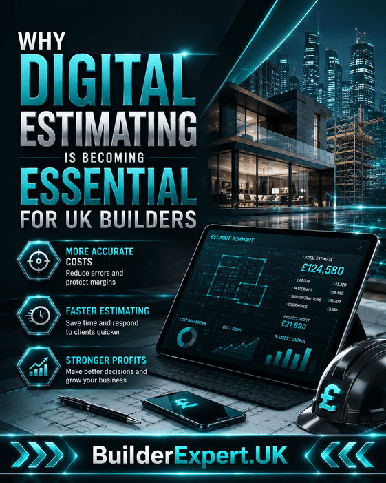 ALT TEXTPortrait infographic titled "Why Digital Estimating Is Becoming Essential for UK Builders". The design features a premium turquoise and dark grey colour scheme with glossy metallic effects, futuristic lighting, and advanced construction technology visuals. A modern residential building, digital estimating dashboard, construction plans, and a builder’s hard hat with a British pound (£) symbol highlight the importance of digital cost planning. Key benefits include More Accurate Costs, Faster Estimating, and Stronger Profits. BuilderExpert.UK is displayed prominently at the bottom.