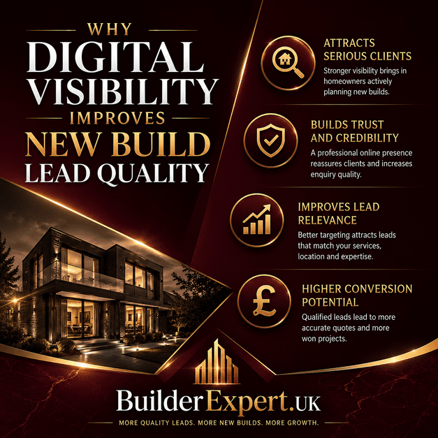 Premium infographic showing how digital visibility improves new build lead quality by attracting serious homeowners, building trust and credibility, increasing lead relevance, and improving quotation conversion for residential construction companies.