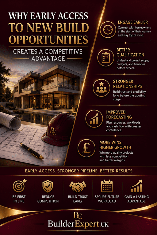 Premium vertical infographic explaining why early access to new build opportunities creates a competitive advantage through earlier homeowner engagement, stronger project qualification, improved forecasting confidence, reduced competition, and higher residential construction profitability.