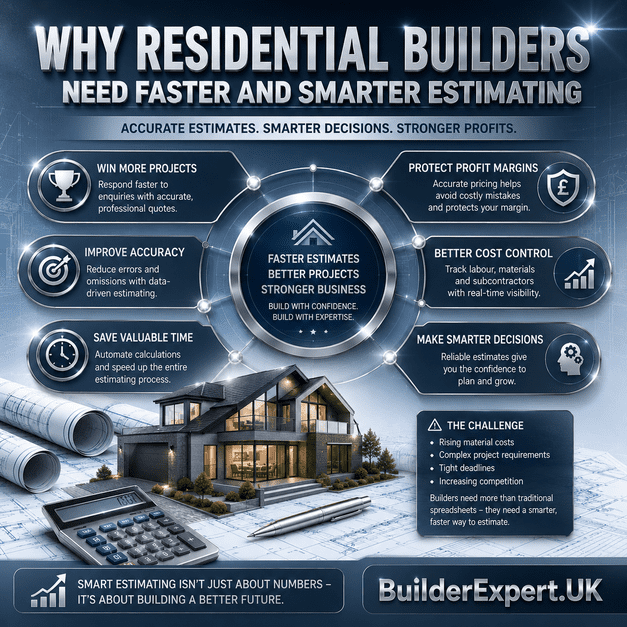 Why Residential Builders Need Faster and Smarter Estimating infographic highlighting improved pricing accuracy, faster quotations, better cost control, and stronger profitability for residential construction projects.
