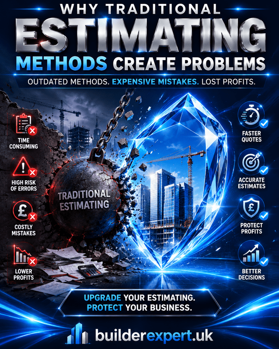Portrait infographic titled "Why Traditional Estimating Methods Create Problems". The design features a dramatic dark blue and electric blue background with a shattered traditional estimating process, broken calculations, damaged paperwork, and a construction site emerging through a glowing crystal structure. Key challenges highlighted include time-consuming processes, costly mistakes, high risk of errors, and lower profits. BuilderExpert.uk branding appears at the bottom.