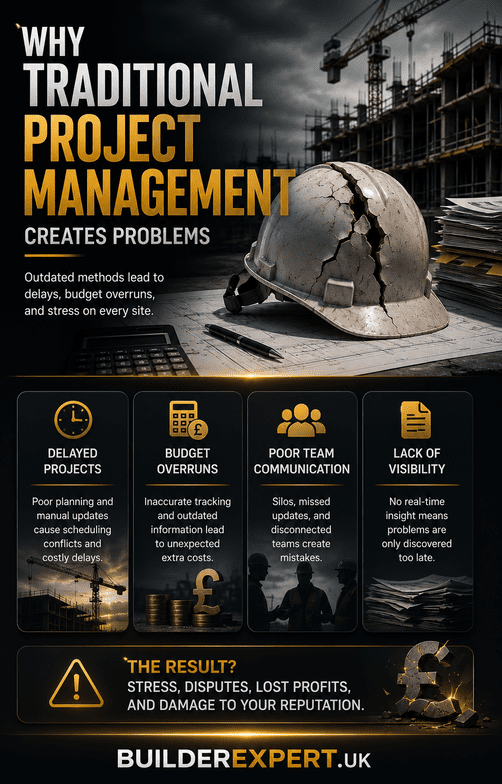 Why_Traditional_Project_Management_Creates_Problems_50 Infographic showing why traditional project management creates problems for UK residential builders, including delayed projects, budget overruns, poor team communication, lack of visibility, lost profits, and damage to business reputation.