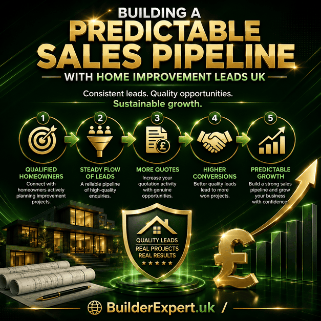 Building_a_Predictable_Sales_Pipeline_with_Home_Improvement_Leads_UK_50 Square infographic titled "Building a Predictable Sales Pipeline with Home Improvement Leads UK" featuring a premium dark green background with glossy gold graphics, a sales pipeline flow, qualified homeowner icons, a modern house, a British pound symbol, growth chart, and visual elements representing consistent lead generation, higher conversions, and sustainable business growth. BuilderExpert.uk branding appears at the bottom.