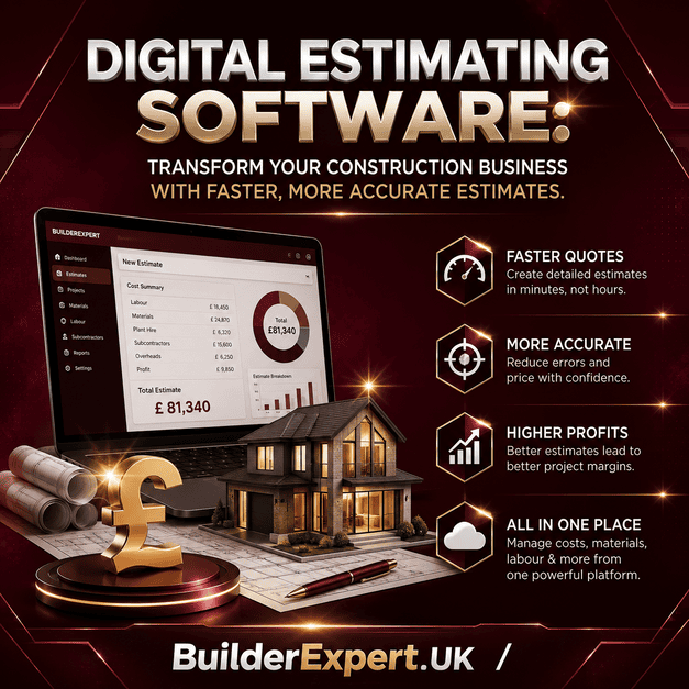 Digital_Estimating_Software_50 Square infographic titled "Digital Estimating Software: Transform Your Construction Business with Faster, More Accurate Estimates" featuring a dark burgundy background, a construction estimating dashboard, a modern house, a UK pound symbol, and key benefits including faster quotes, improved accuracy, higher profits, and all-in-one project cost management. BuilderExpert.UK branding appears at the bottom.