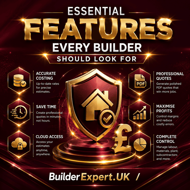 Essential_Features_Every_Builder_Should_Look_For_50 Square infographic titled "Essential Features Every Builder Should Look For" featuring a premium dark burgundy background with glossy visual effects, professional construction-themed graphics, a central shield icon, and key features including accurate costing, cloud access, professional PDF quotations, time-saving, complete cost control, and higher profitability. A UK pound (£) symbol is included, with BuilderExpert.UK branding at the bottom.