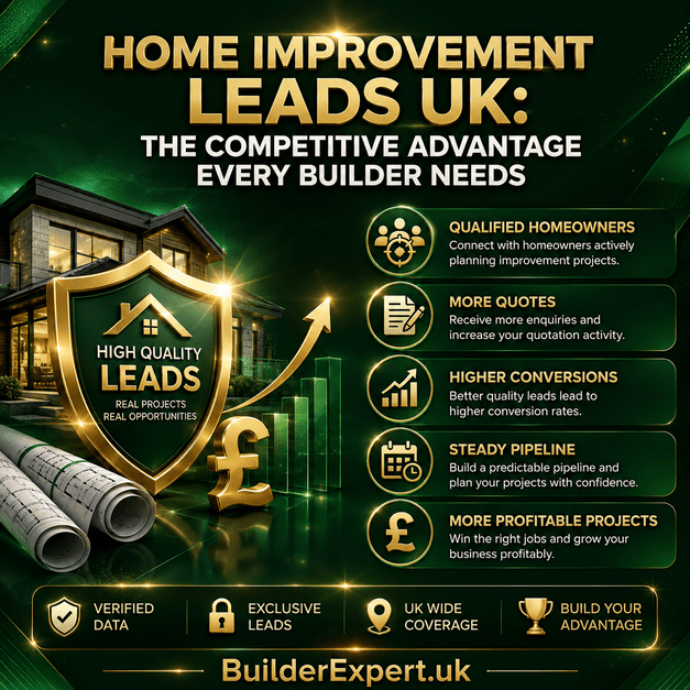 Home_Improvement_Leads_UK_50 Square infographic titled "Home Improvement Leads UK: The Competitive Advantage Every Builder Needs" featuring a premium dark green background with glossy gold construction graphics, a modern house, verified lead shield, UK pound symbol, growth chart, and icons highlighting qualified homeowners, higher conversions, steady project pipeline, and profitable residential construction opportunities. BuilderExpert.uk branding appears at the bottom.