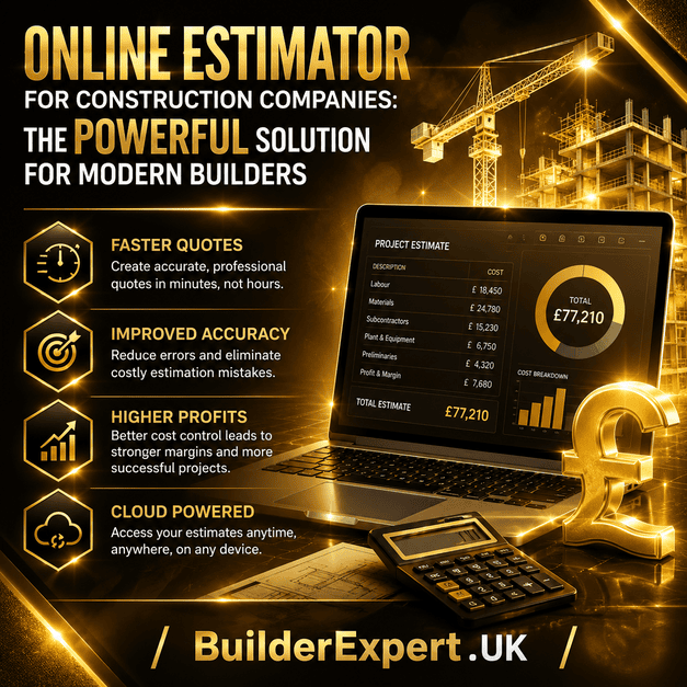 Online_Estimator_for_Construction_Companies_50 Square infographic titled "Online Estimator for Construction Companies: The Powerful Solution for Modern Builders" featuring a premium online estimating dashboard, construction crane, partially completed building, calculator, and a large British pound (£) symbol. The design uses dark ochre and black tones with metallic gold highlights, glossy visual effects, and emphasises faster quotations, improved estimating accuracy, higher profitability, and cloud-based construction estimating. BuilderExpert.UK branding appears at the bottom.