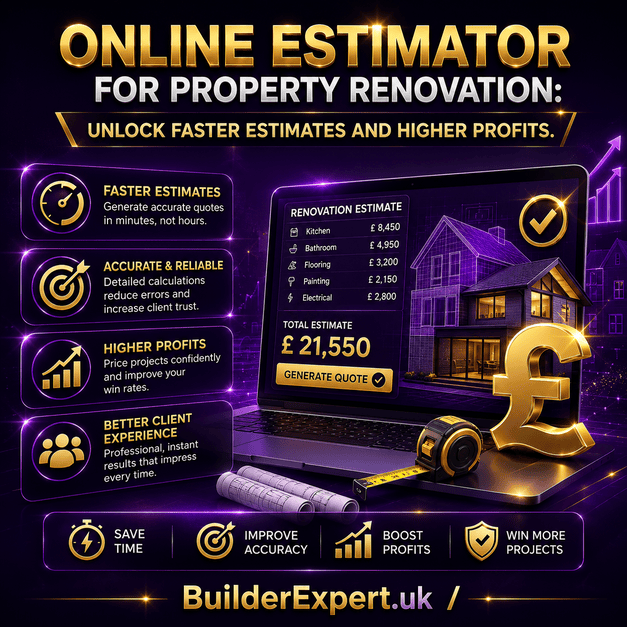 Online_Estimator_for_Property_Renovation_50 Square infographic titled "Online Estimator for Property Renovation: Unlock Faster Estimates and Higher Profits" featuring a premium dark purple background with glossy gold graphics, a digital renovation estimating dashboard, a modern house, a British pound symbol, and icons highlighting faster estimates, improved accuracy, higher profits, and a better customer experience. BuilderExpert.uk branding appears at the bottom.