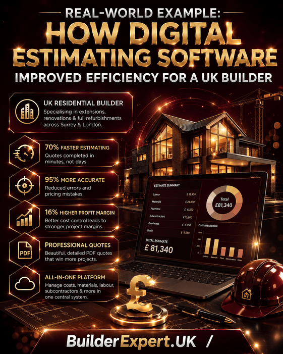 Real-World_Example_50 Portrait 4:5 infographic titled "Real-World Example: How Digital Estimating Software Improved Efficiency for a UK Builder" featuring a premium dark burgundy background with glossy visual effects, a modern UK home, a digital estimating dashboard, and a UK pound (£) symbol. The infographic highlights faster estimating, improved accuracy, stronger profit margins, professional PDF quotations, and an all-in-one estimating platform, with BuilderExpert.UK branding at the bottom.