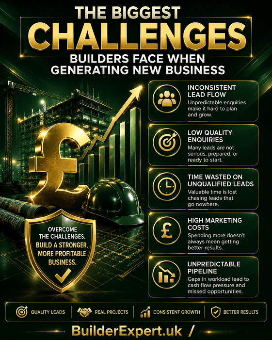 The_Biggest_Challenges_Builders_Face_When_Generating_New_Business_50 Vertical 4:5 infographic titled "The Biggest Challenges Builders Face When Generating New Business" featuring a premium dark green background with glossy gold construction graphics, a British pound symbol, growth chart, construction site, and icons illustrating inconsistent lead flow, low-quality enquiries, wasted time, high marketing costs, and unpredictable sales pipelines. BuilderExpert.uk branding appears at the bottom.