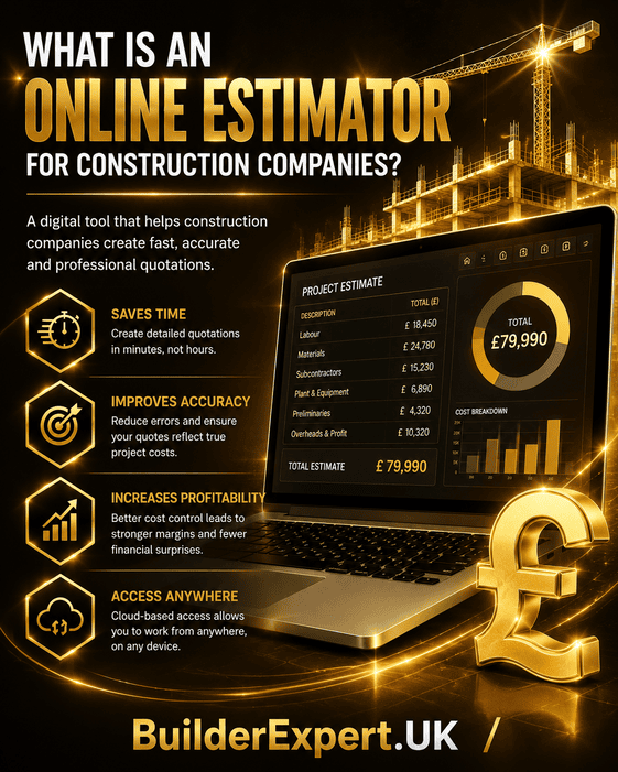 What_Is_an_Online_Estimator_for_Construction_Companies_50 Portrait 4:5 infographic titled "What Is an Online Estimator for Construction Companies?" featuring a digital project estimate dashboard, construction crane, building structure, and British pound (£) symbol. The design uses dark ochre and black tones with metallic gold highlights, glossy lighting effects, and highlights time savings, improved accuracy, increased profitability, and cloud-based access. BuilderExpert.UK branding appears at the bottom.