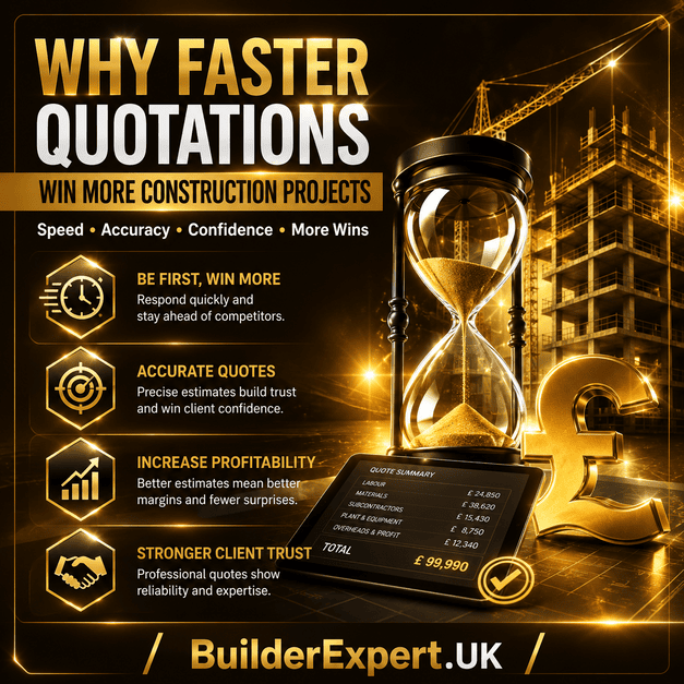 Why_Faster_Quotations_Win_More_Construction_Projects_50 Square infographic titled "Why Faster Quotations Win More Construction Projects" featuring a premium digital quotation dashboard, hourglass, construction crane, building framework, and a British pound (£) symbol. The design uses dark ochre and black tones with metallic gold highlights and glossy visual effects, emphasising faster quotations, accurate estimates, increased profitability, and stronger client trust. BuilderExpert.UK branding appears at the bottom.
