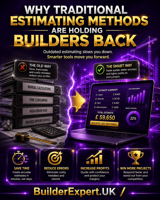 Why_Traditional_Estimating_Methods_Are_Holding_Builders_Back_50 Vertical 4:5 infographic titled "Why Traditional Estimating Methods Are Holding Builders Back" featuring a premium dark purple background with glossy gold graphics, a comparison between traditional manual estimating and modern digital estimating, a construction site, a digital estimating dashboard, a British pound symbol, and icons highlighting time savings, improved accuracy, higher profits, and more project wins. BuilderExpert.UK branding appears at the bottom.